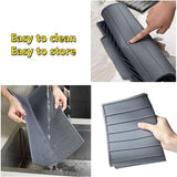 Foldable insulated soft rubber anti-slip sink mat in gray, showing easy cleaning and storage features.