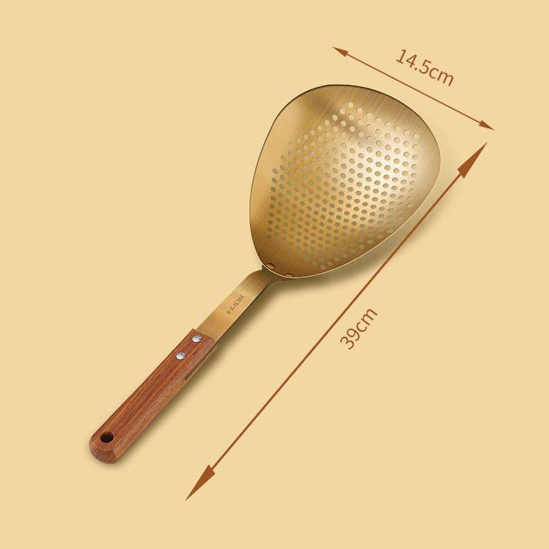 Stainless Steel Fry Food Strainer Scoop, Kitchen Residue Colander Soup Oil Strainer Spoon With Anti-Scald Wooden Handle - Culinarywellbeing