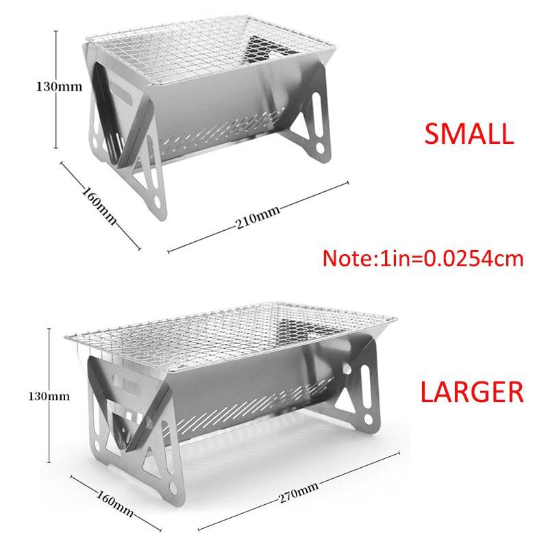 Multifunction portable folding BBQ grill with small and larger sizes, made of stainless steel, ideal for camping and easy to carry.