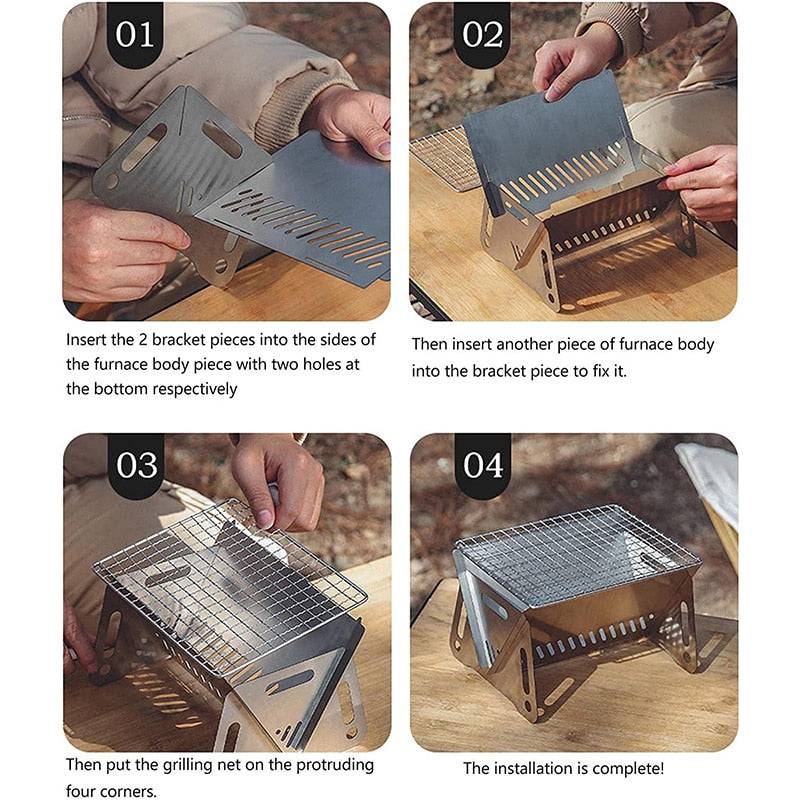 Step-by-step assembly of a multifunction portable folding BBQ grill.