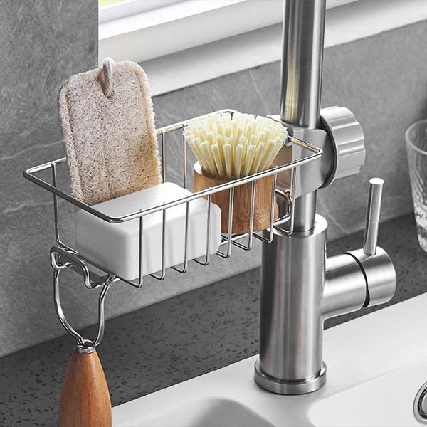 Stainless Steel Sink Drain Rack Sponge Storage Faucet Holder Soap DraiPremium Stainless Steel Materials classic shape, stylish and beautiful, multi-purpose, can be used in kitchens, bathrooms and other scenes, can be recycled, easy to TheWellBeing1Stainless Steel Sink Drain Rack Sponge Storage Faucet Holder Soap Drainer Towel Rack Shelf OrganizerCulinaryWellBeing