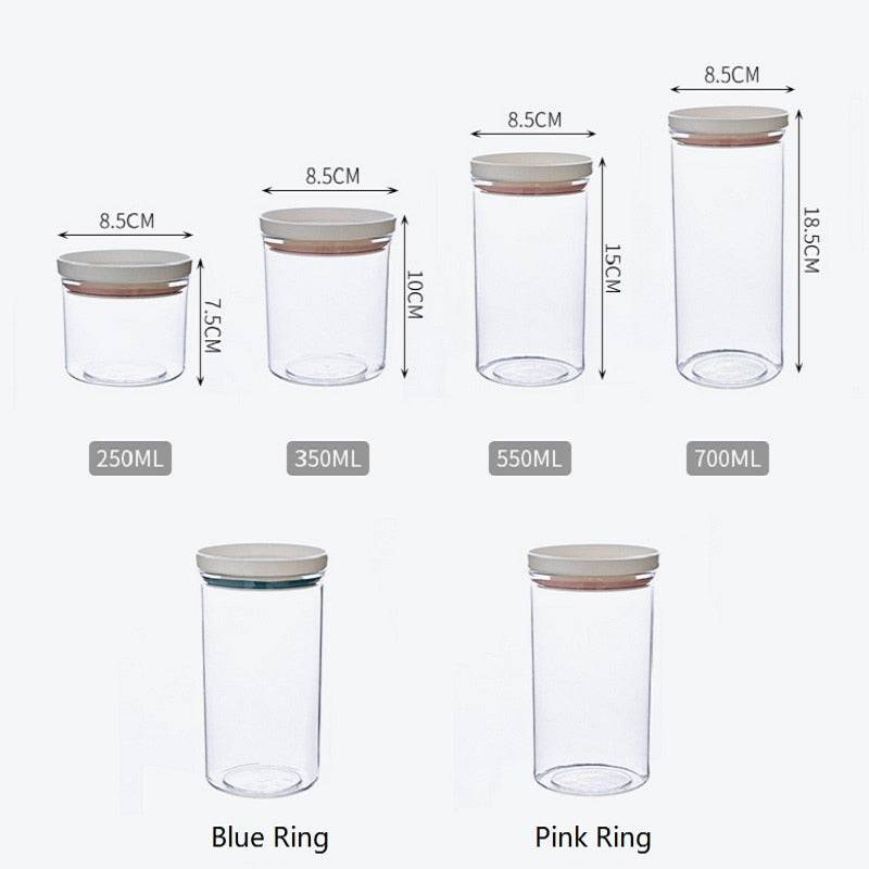 Sealed ring bottles kitchen storage box set in transparent design, featuring blue and pink ring lids, available in multiple sizes (250ml, 350ml, 550ml, 700ml).