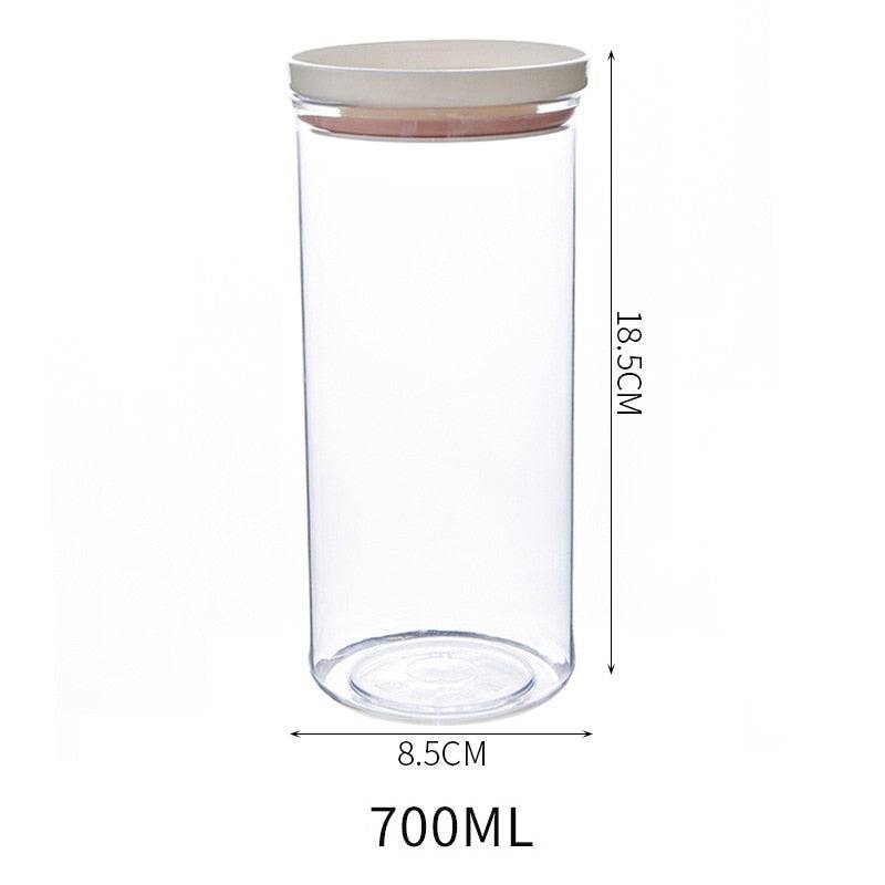 Transparent 700ml sealed ring kitchen storage box food canister with dimensions.