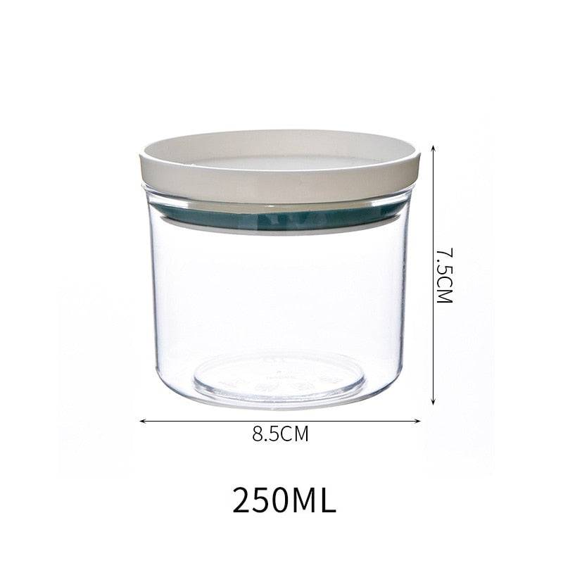250ml transparent sealed kitchen storage box with white lid, 8.5cm x 7.5cm.