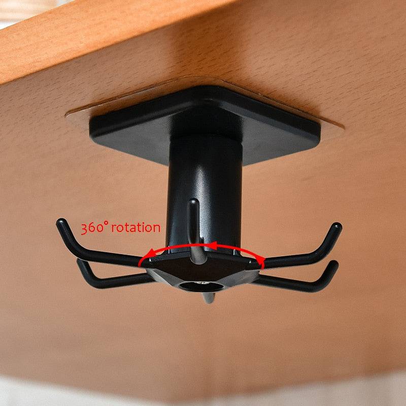360-degree rotatable kitchen organizer hook mounted under a cabinet.
