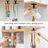 Rotatable kitchen organizer hook with utensils and accessories on shelf.