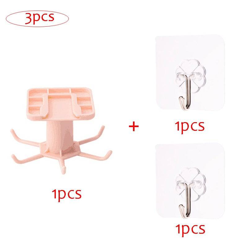 Kitchen OrCabinet Organizer Hook with rotatable design and transparent adhesive hooks.