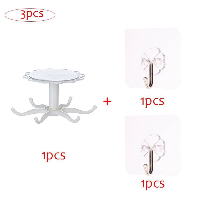 Kitchen OrCabinet Organizer Hook, nail-free storage rack, 360-degree rotation, self-adhesive installation.