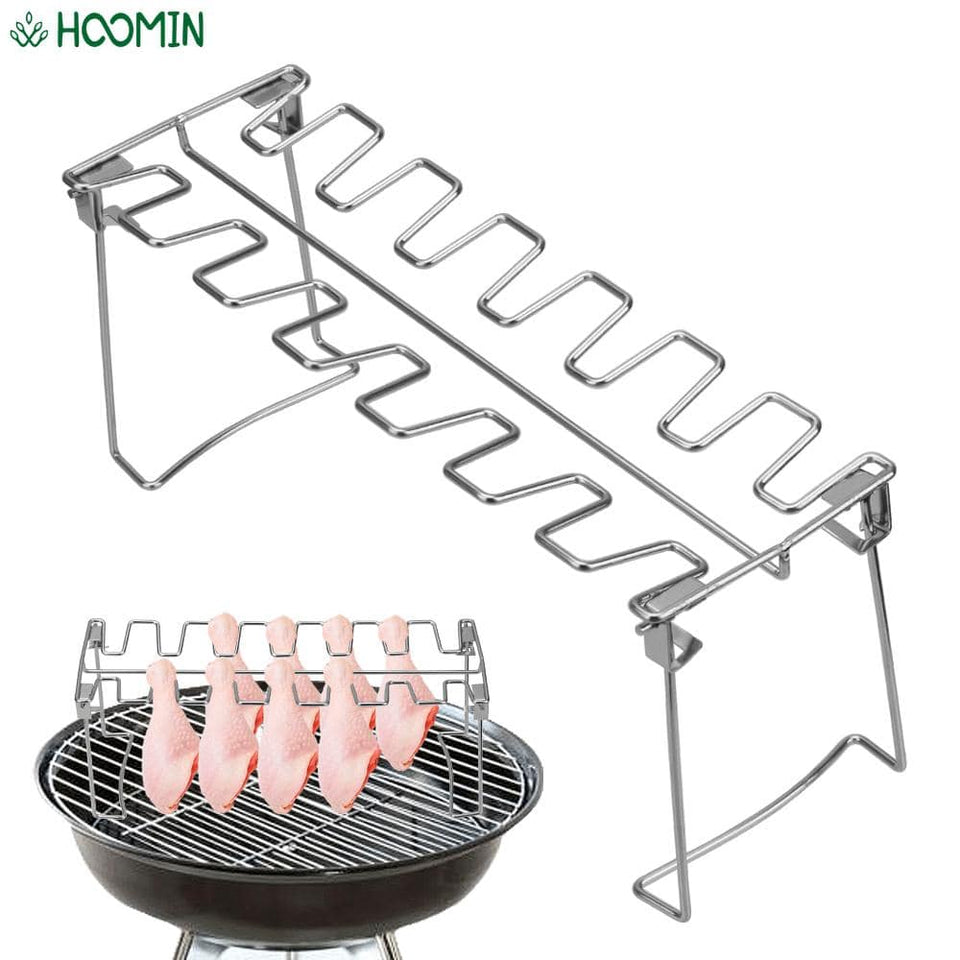 Non-stick stainless steel BBQ grill rack for cooking chicken wings and drumsticks.