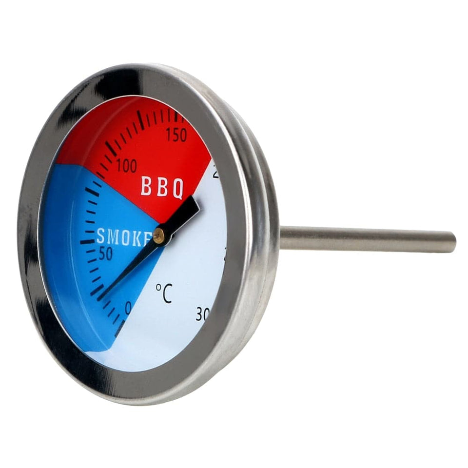 BBQ grill thermometer with stainless steel construction and precise temperature readings.