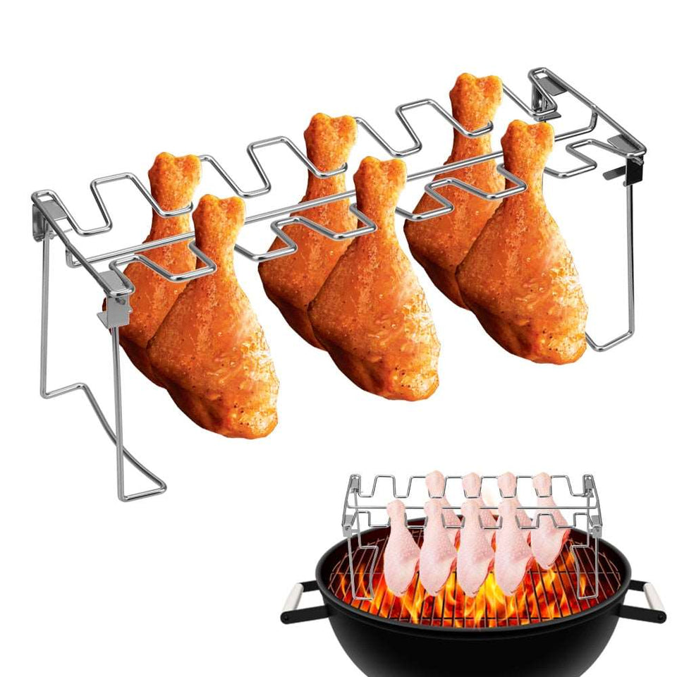 Non-stick stainless steel BBQ grill rack for cooking chicken, beef, and drumsticks.
