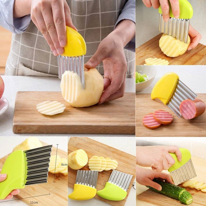 Stainless Steel Potato Chip Slicer Dough Vegetable Fruit Crinkle Wavy Kitchen Knife Cutter Chopper French Fry Maker Tools Gadget - Culinarywellbeing