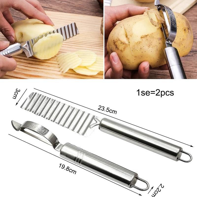 Stainless Steel Potato Chip Slicer Dough Vegetable Fruit Crinkle Wavy Kitchen Knife Cutter Chopper French Fry Maker Tools Gadget - Culinarywellbeing