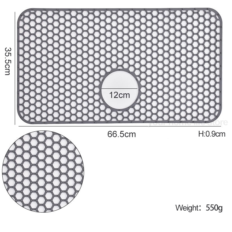 Silicone sink protector mat dimensions with honeycomb pattern and central hole, measures 66.5cm x 35.5cm.
