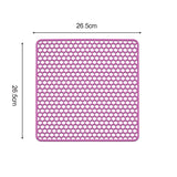 Silicone sink protector mat with honeycomb design, dimensions 26.5cm x 26.5cm, in pink shade.