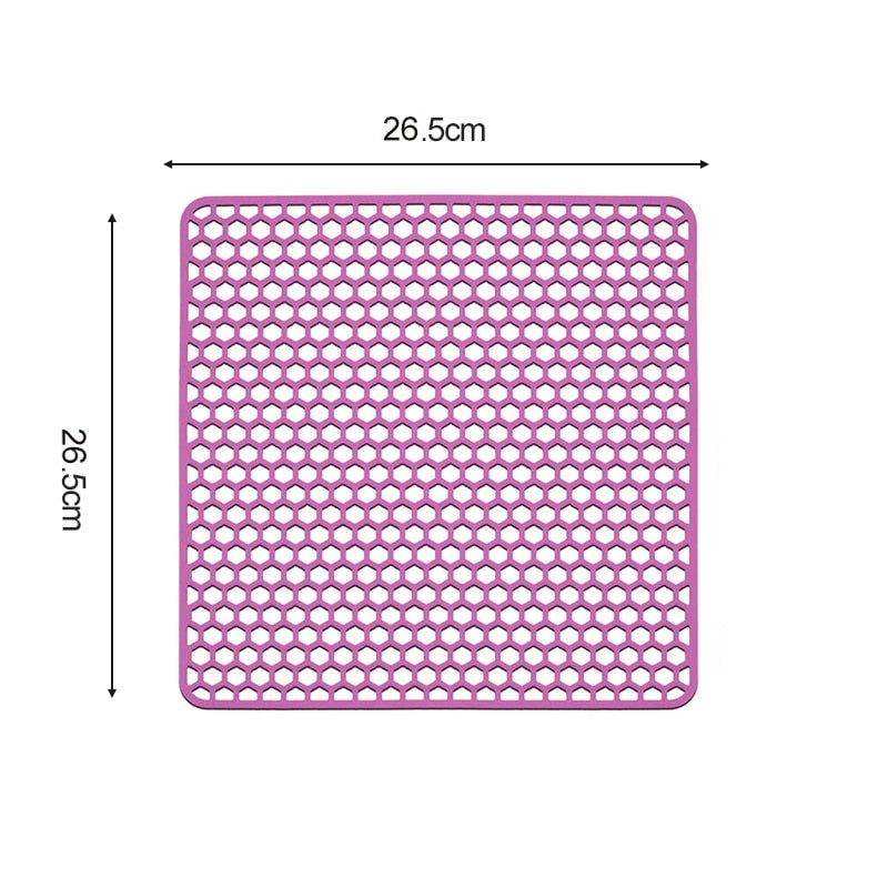 Silicone sink protector mat with honeycomb design, dimensions 26.5cm x 26.5cm, in pink shade.