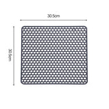 Silicone kitchen sink protector mat with grid design, heat resistant up to 500F, measuring 30.5cm x 30.5cm, ideal for stainless steel sinks.