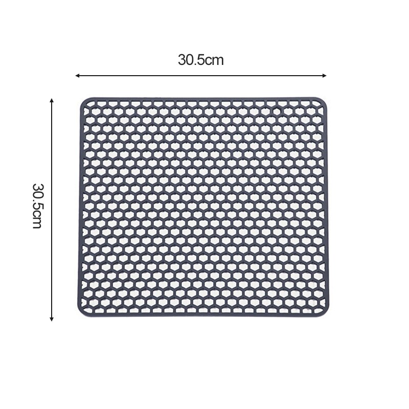 Silicone kitchen sink protector mat with grid design, heat resistant up to 500F, measuring 30.5cm x 30.5cm, ideal for stainless steel sinks.