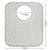 Silicone sink protector mat with grid design, measuring 34x29cm, featuring a 11.5cm opening for kitchen sink protection.