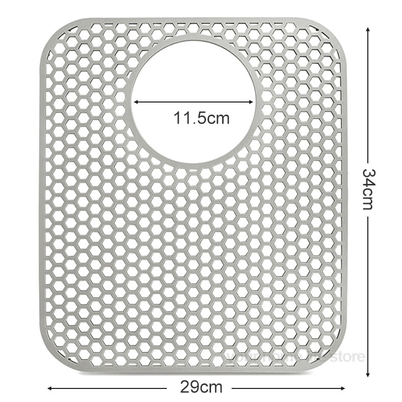 Silicone sink protector mat with grid design, measuring 34x29cm, featuring a 11.5cm opening for kitchen sink protection.