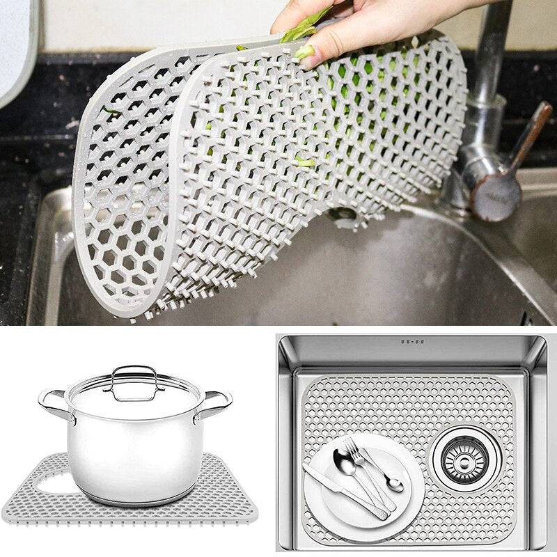 Silicone kitchen sink protector mat with grid design for protection and heat resistance in stainless steel sinks.