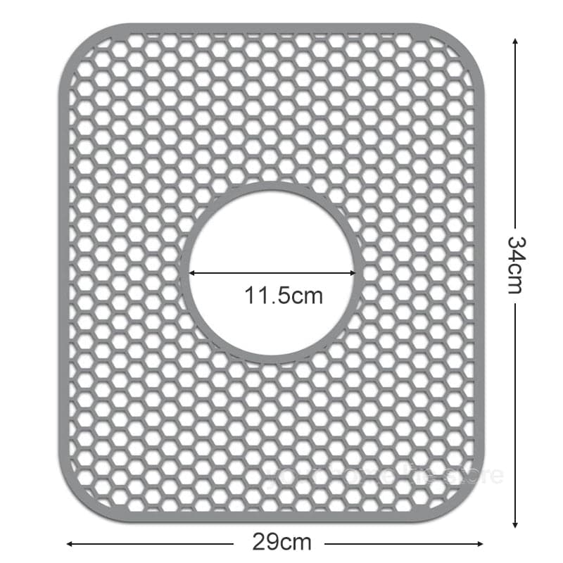 Silicone sink protector mat with hexagonal pattern, 34x29cm size.