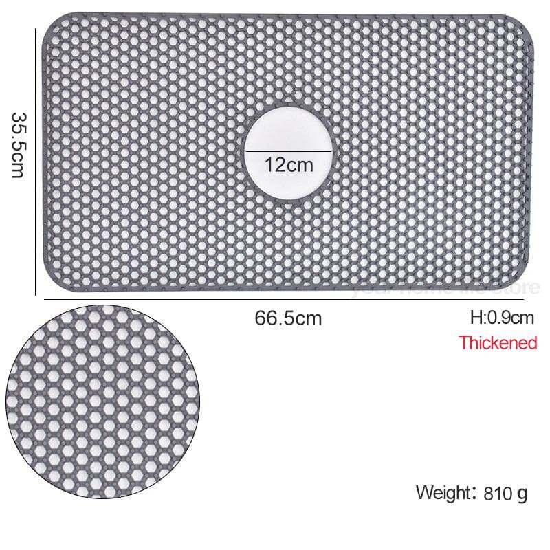 Silicone sink protector mat with grid pattern for kitchen sinks, 35.5x66.5cm size, heat resistant and durable.
