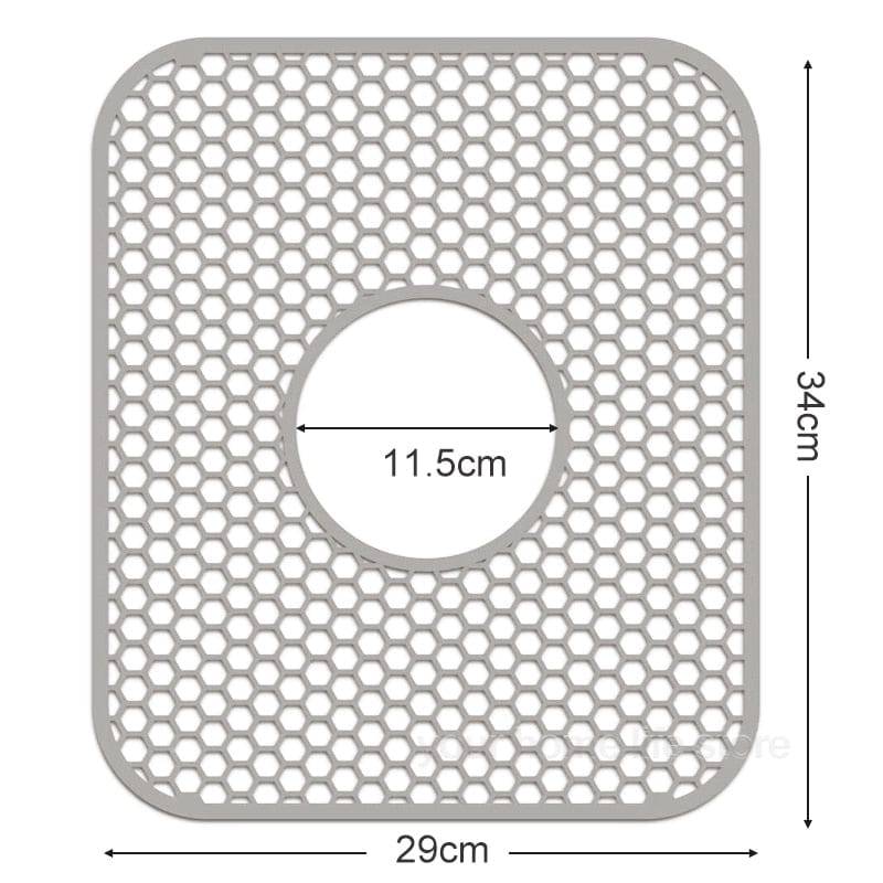 Silicone sink protector mat with grid design, 34x29cm, fits stainless steel sinks, heat resistant up to 500F.