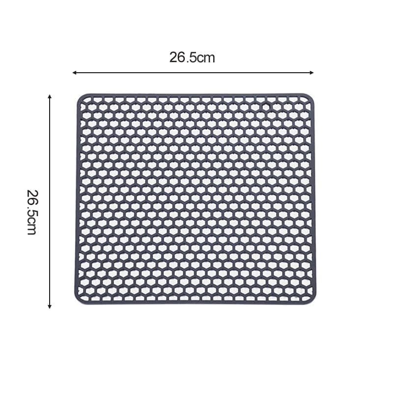 Silicone sink protector mat measuring 26.5cm x 26.5cm for kitchen sinks.