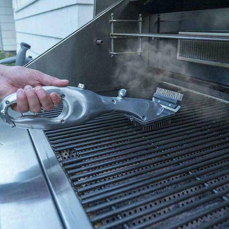 Barbecue grill steam cleaning brush in use on outdoor grill surface.