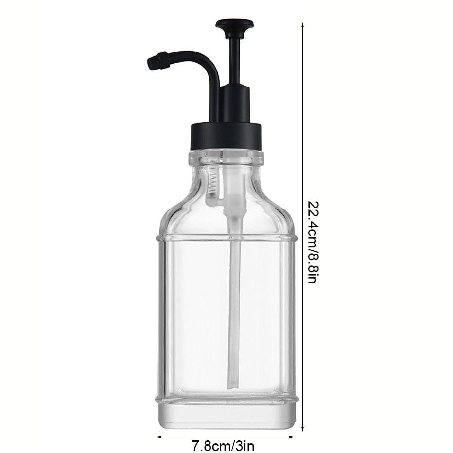 TheWellBeing™ 500ml glass coffee syrup dispenser with stainless steel pump, clear square bottle.