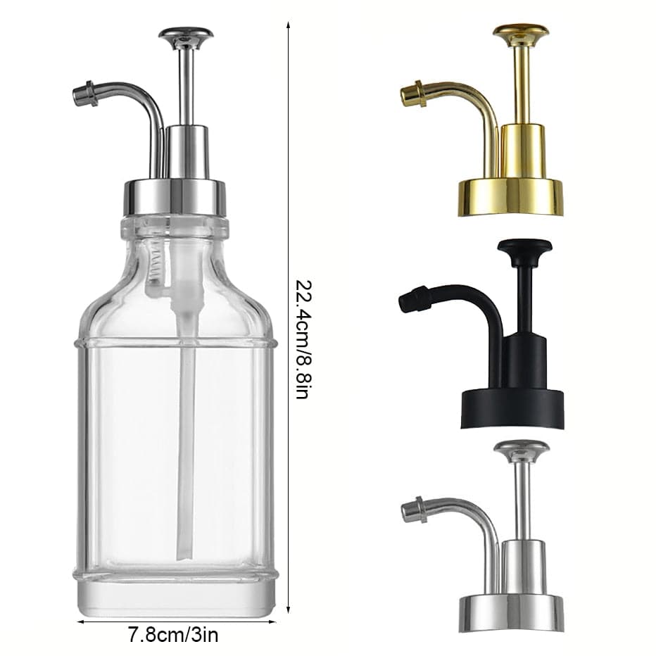 TheWellBeing™ 500ml glass coffee syrup dispenser with stainless steel pump, clear square shape.