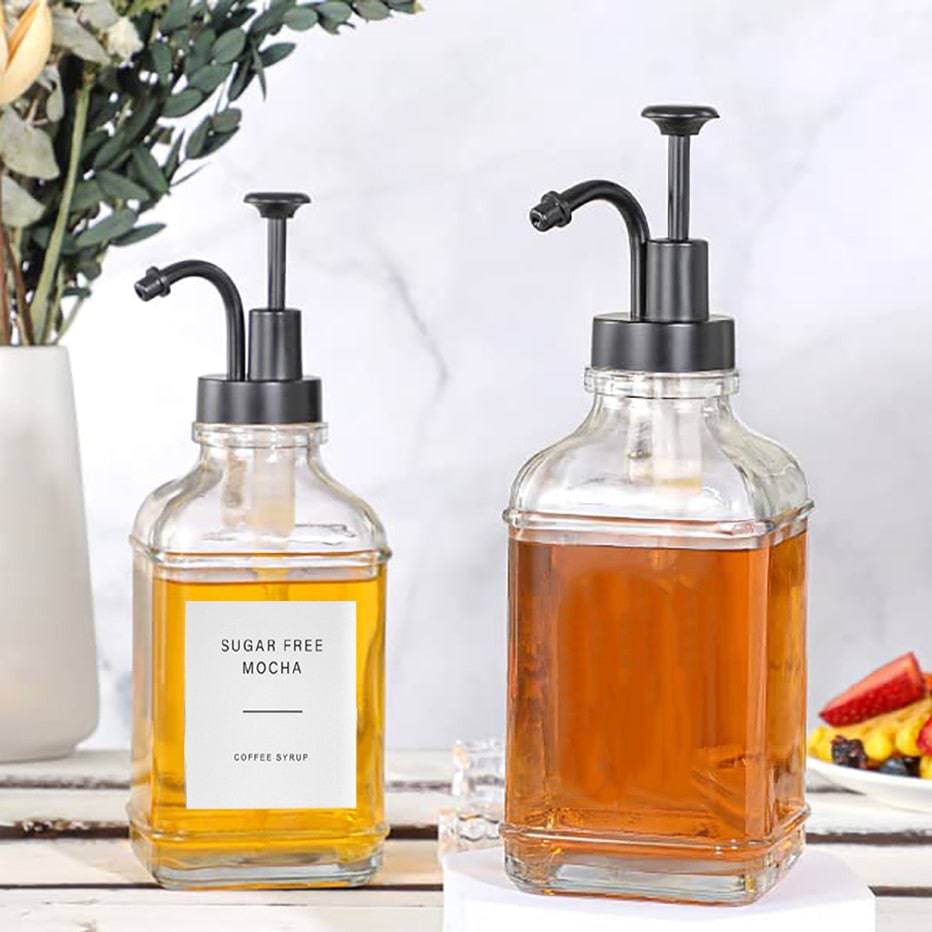 TheWellBeing™ 500ml Glass Coffee Syrup Dispenser with Steel Pump for Coffee and Maple Syrup