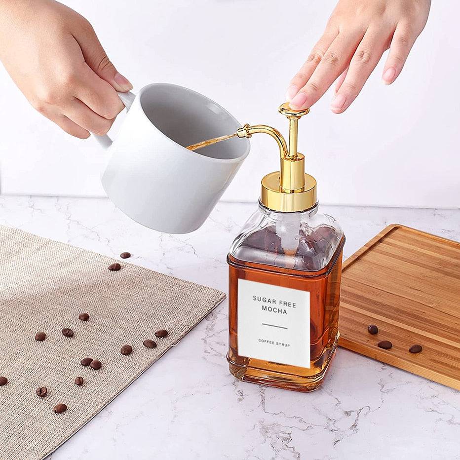 TheWellBeing™ 500ml Glass Coffee Syrup Dispenser with Steel Pump, clear square bottle for syrup and condiments.