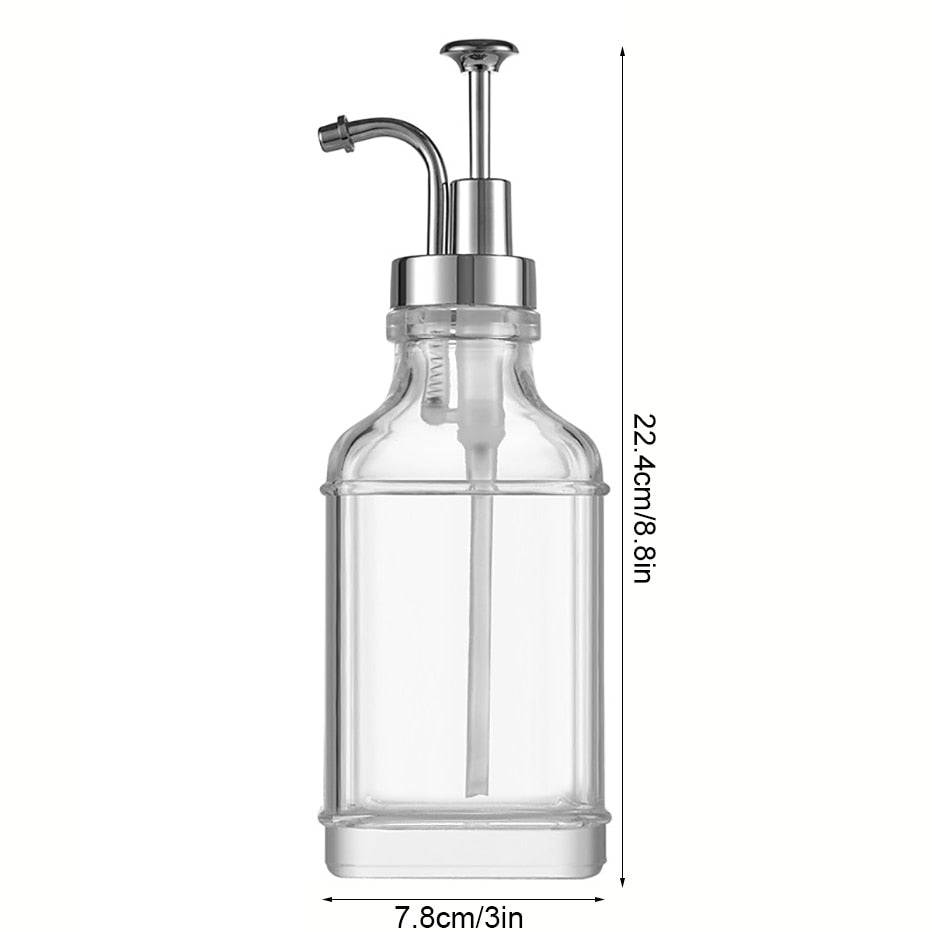 TheWellBeing™ 500ml glass coffee syrup dispenser with stainless steel pump, clear square bottle for syrup and oils.