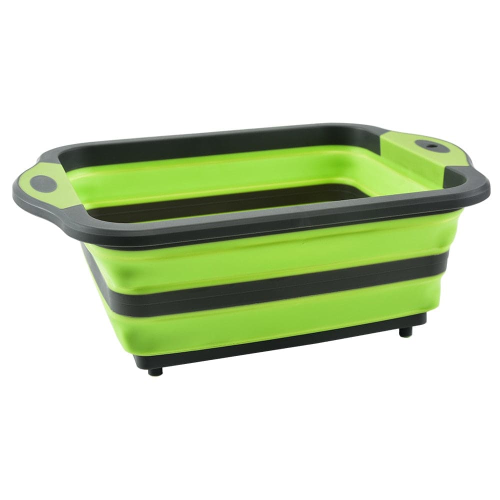 Folding cutting board and collapsible sink drain basket in green and grey.