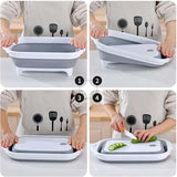 Multifunctional folding cutting board with collapsible sink and drain basket.