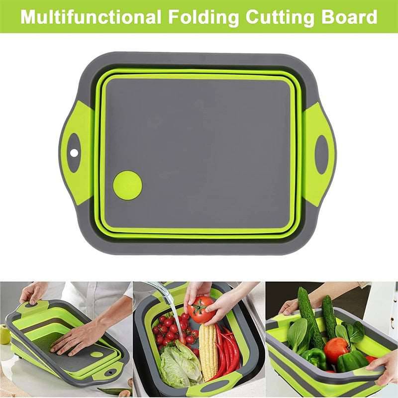 Multifunctional folding cutting board with collapsible sink and drain basket, ideal for kitchen use.