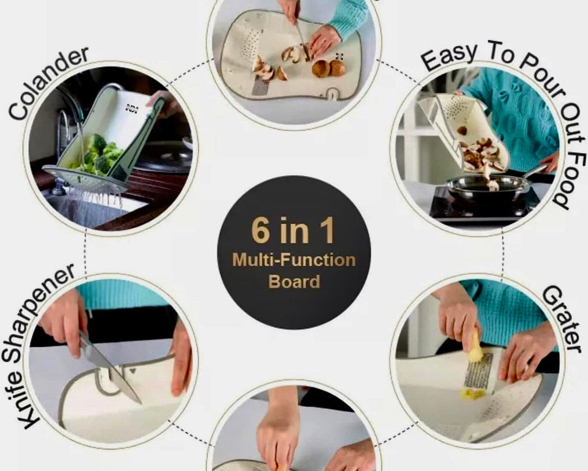 TheWellBeing™6 in 1 Folding Chopping Board Smart Cutting Board with Draining Knife Sharpener & Grinder Plastic Cutting Board for Kitchen - Culinarywellbeing