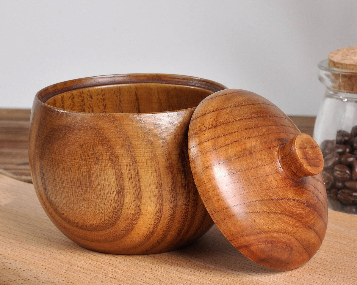 Wood seasoning pot with lid, creative wooden retro solid design.
