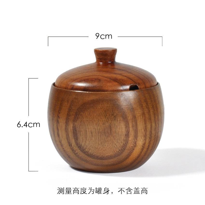 Wooden retro seasoning pot with lid, 9cm diameter, 6.4cm height.