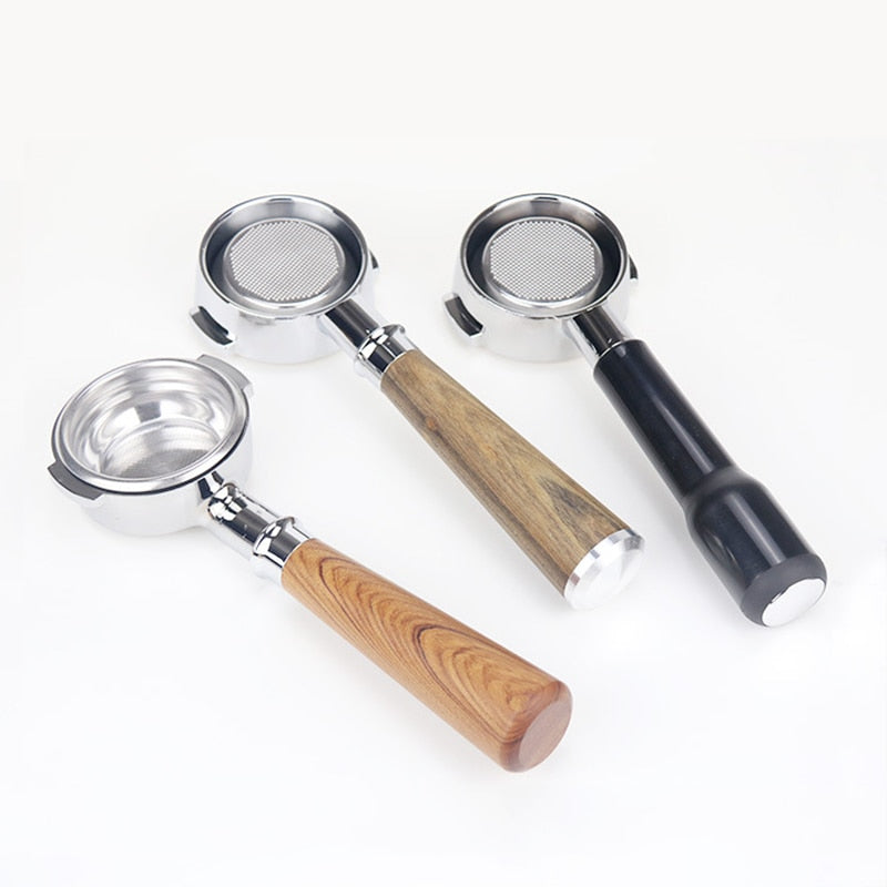 Wood-handled bottomless portafilter set for espresso machines, compatible with Expobar and Rocket brands, by TheWellBeing1.