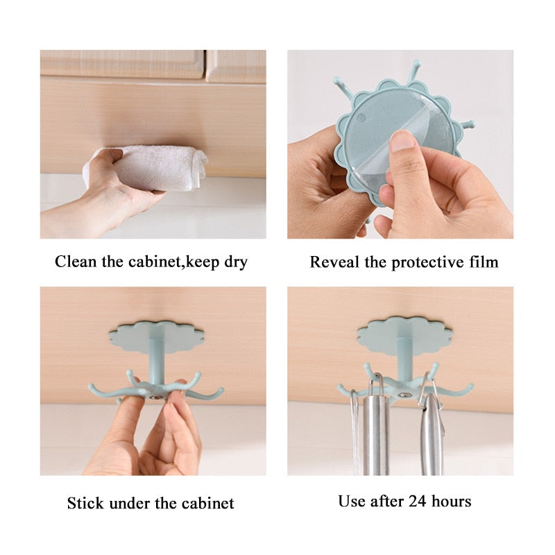 Installation steps for Kitchen Flower Rotary Hook Wall Mounted Kitchenware Storage Rack in use.