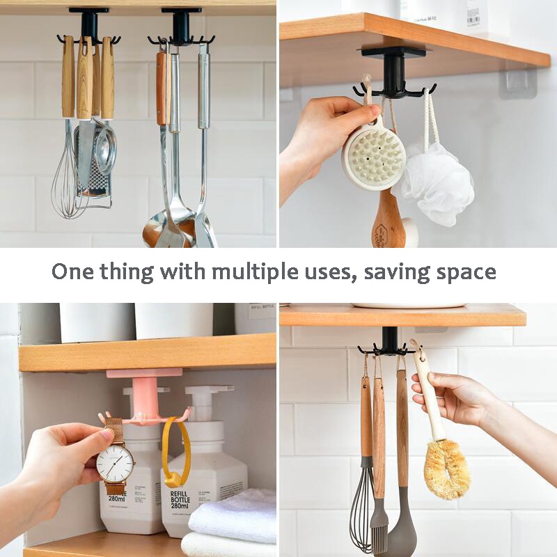 Rotatable kitchen and cabinet organizer hook for efficient utensil storage and space-saving.