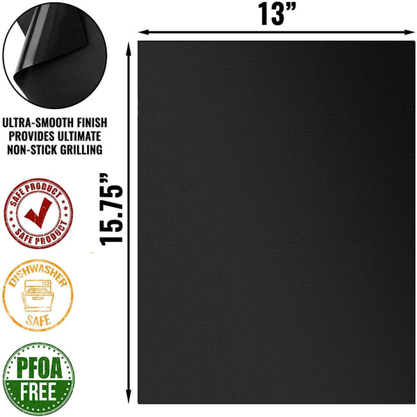 TheWellBeing™ 5-Piece Reusable BBQ Grill Mats, non-stick, PFOA free, ultra-smooth finish, dishwasher safe.