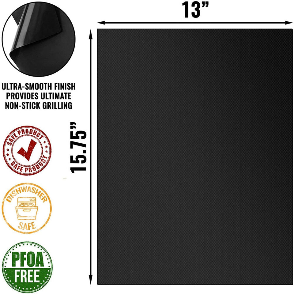 TheWellBeing™ 5-Piece Reusable BBQ Grill Mats, non-stick, PFOA free, ultra-smooth finish, dishwasher safe.