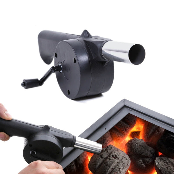 Handheld outdoor BBQ fan air blower made of stainless steel, used to enhance grill flames.