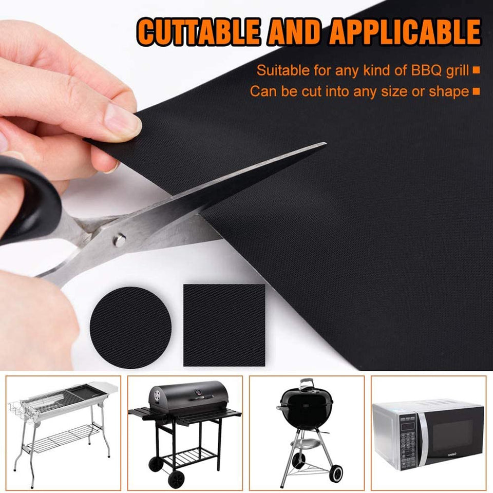 Reusable BBQ grill mat, cuttable and applicable, suitable for any grill type.