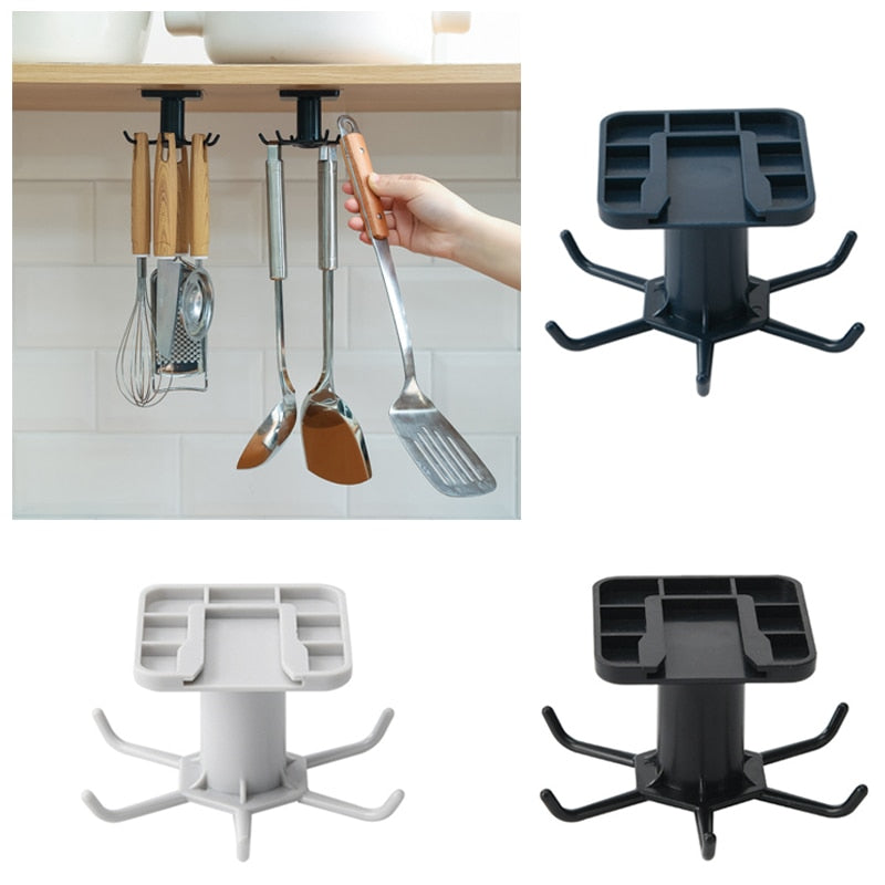 Kitchen OrCabinet organizer hook storage rack with rotating design, perfect for vertical and compact utensil storage, shown in multiple colors and installation views.