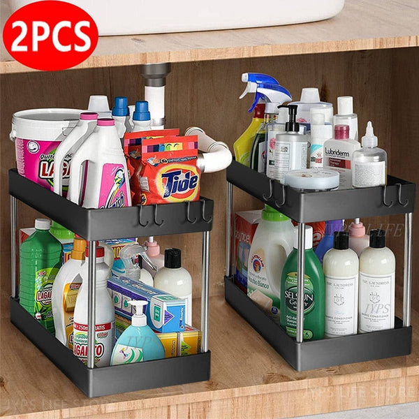 2 PCS Sink Storage Organizer 2 Tier Drawer Multipurpose Rack Cabinet for Bathroom and Kitchen